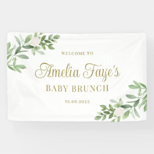 Banderoles Fleurs blanches à l'aquarelle et baby brunch verdu