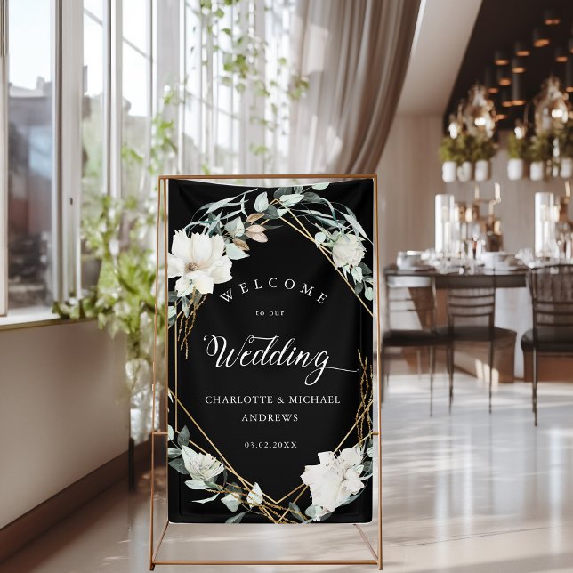 Banderoles Fleurs blanches Eucalyptus Mariage géométrique or (White Flowers Eucalyptus Gold Geometric Wedding Banner with your name & Date.)