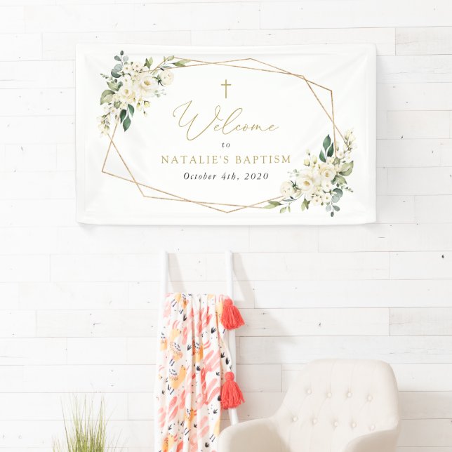 Banderoles Fleurs blanches, Fleurs crème, Bienvenue au baptêm (En situation)