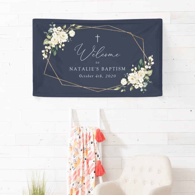 Banderoles Fleurs blanches, fleurs crème, Bienvenue au baptêm (En situation)