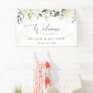 Banderoles Fleurs blanches, fleurs crème, Bienvenue au mariag