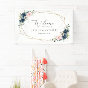 Banderoles Fleurs Bleu Marine, Fleurs Roses, Bienvenue au Mar