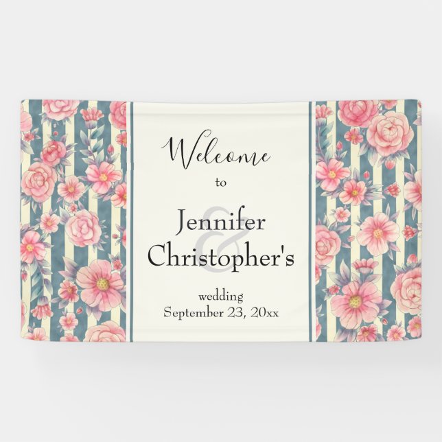 Banderoles Fleurs d'aquarelle rose sur bandes Mariage Bienven (Horizontal)