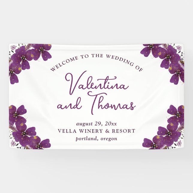Banderoles Fleurs d'aquarelle violette Mariage d'accueil (Horizontal)