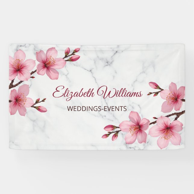 Banderoles Fleurs de cerisier roses sur marbre gris (Horizontal)