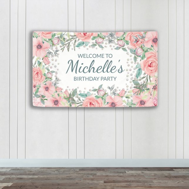 Banderoles Fleurs de printemps roses pour anniversaire (Blush pink floral custom birthday party banner)