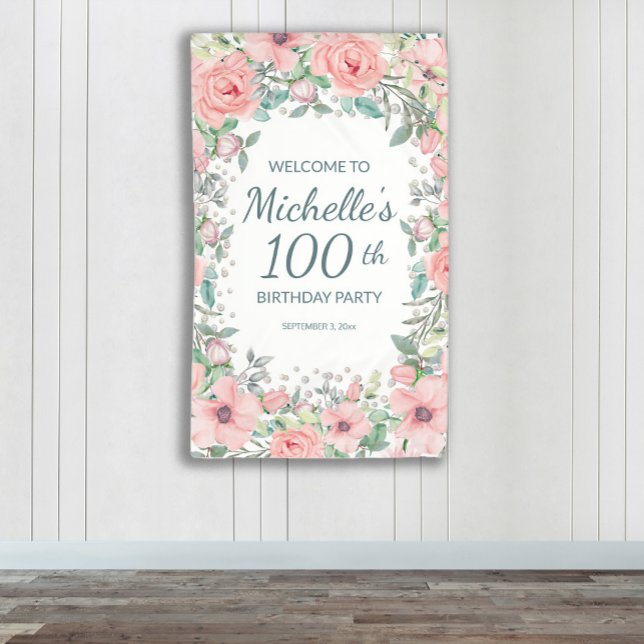 Banderoles Fleurs de printemps roses verdure verticale Annive (Pink watercolor floral 100th birthday party vertical banner personalized with name and age.)