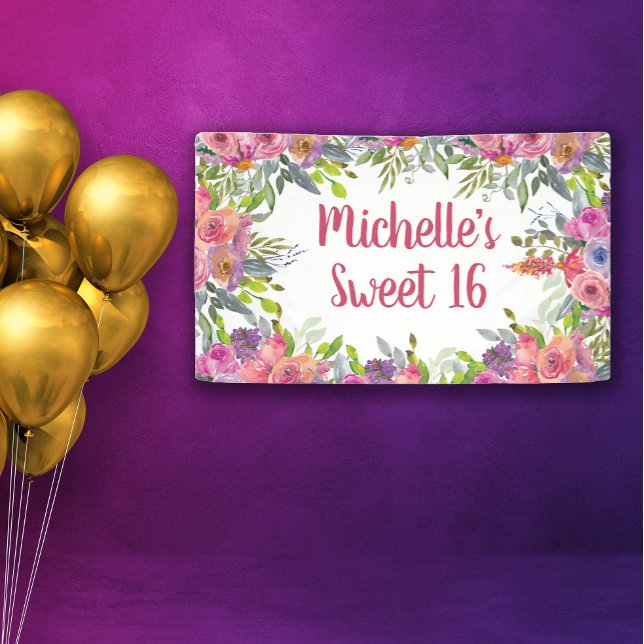 Banderoles Fleurs de teintes aquarelles rose violet pour un d (Purple and pink watercolor floral Sweet 16 banner personalized with a name.)