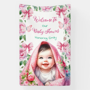 Banderoles Fleurs et papillons Baby shower rose Bienvenue
