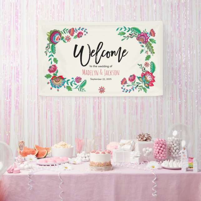 Banderoles Fleurs folkloriques turquoise et orange vives et j (Fête)