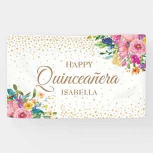 Banderoles Fleurs Jaunes Roses Paillettes Dorées Quinceañera