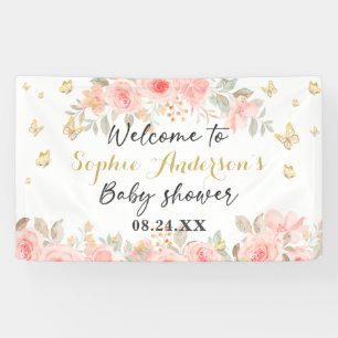 Banderoles Fleurs Papillon Rose Pâle Or Rose Baby Shower 