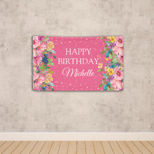 Banderoles Fleurs rose jaune Paillettes Joyeux Anniversaire