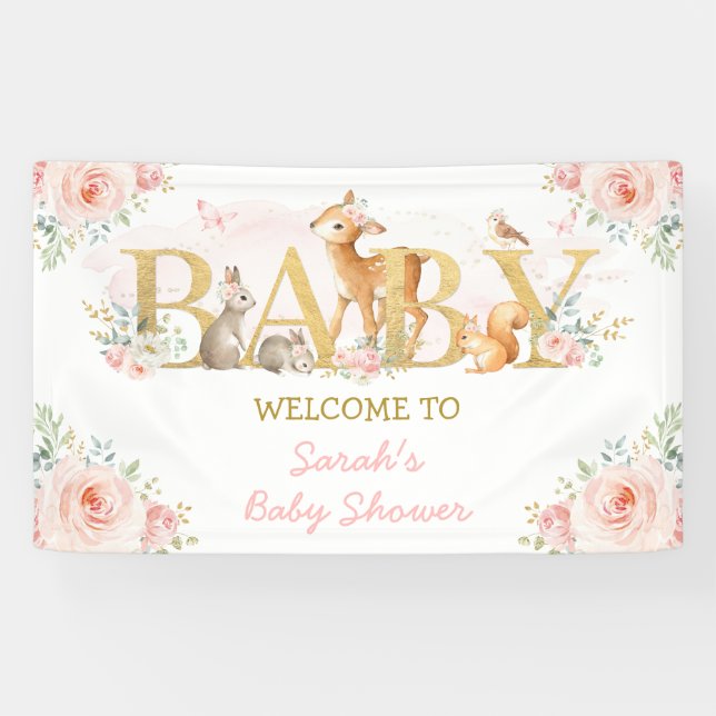 Banderoles Fleurs Roses Animaux de la Forêt Baby Shower Bienv (Horizontal)