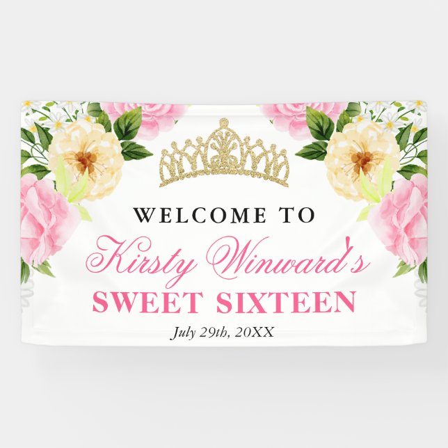 Banderoles Fleurs roses et jaunes Sweet sixteen de bienvenue (Horizontal)