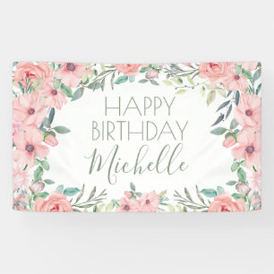 Banderoles Fleurs roses pâles élégantes Joyeux Anniversaire