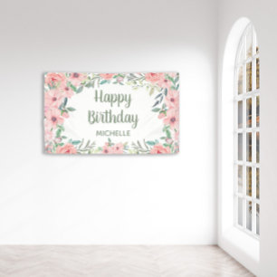 Banderoles Fleurs roses pâles Feuilles vertes Joyeux Annivers