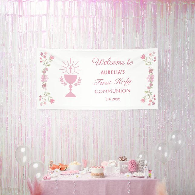 Banderoles Fleurs roses Première communion Accueil (Fête)