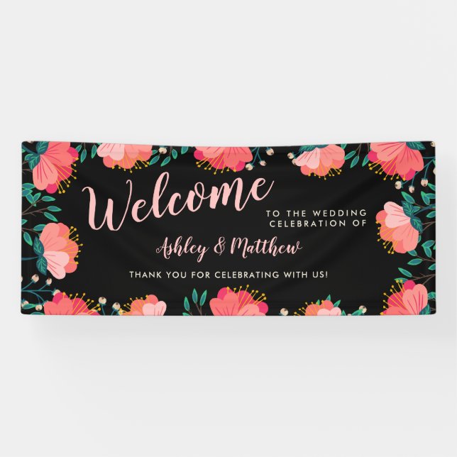 Banderoles Fleurs roses romantiques Accueil Mariage (Horizontal)