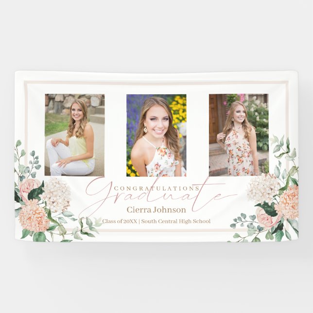Banderoles Fleurs roses Trois Photos Calligraphie Graduation (Horizontal)