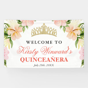 Banderoles Fleurs Roses Tropicales Accueillent Quinceanera