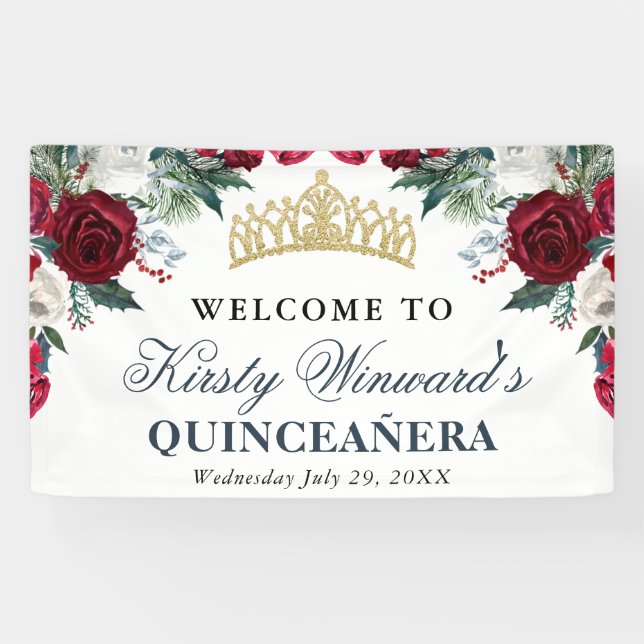 Banderoles Fleurs Rouges et Blanches d'Hiver Quinceanera (Horizontal)