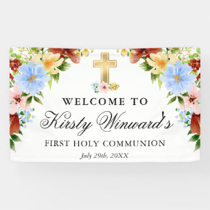 Banderoles Fleurs rouges, jaunes Bleues 1ère Sainte Communion