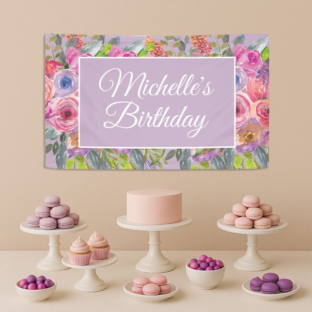 Banderoles Fleurs sauvages violettes rose Nom Script Annivers (Elegant script purple and pink floral birthday banner)