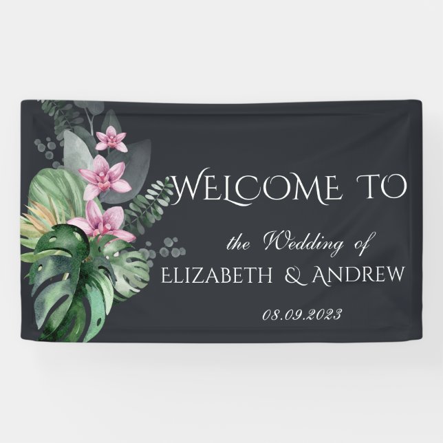 Banderoles Fleurs tropicales Mariage sombre (Horizontal)