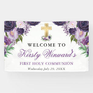 Banderoles Fleurs violettes et blanches 1ère communion