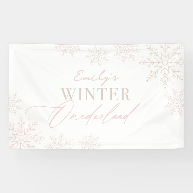 Banderoles Flocon de neige rose Winter Onederland 1er anniver (Horizontal)