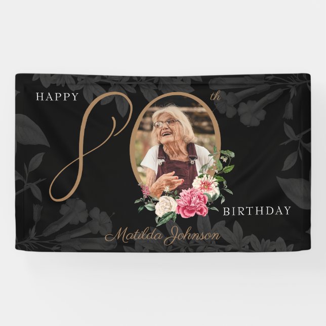 Banderoles Floral 80e anniversaire Black Gold Chic Photo pers (Horizontal)