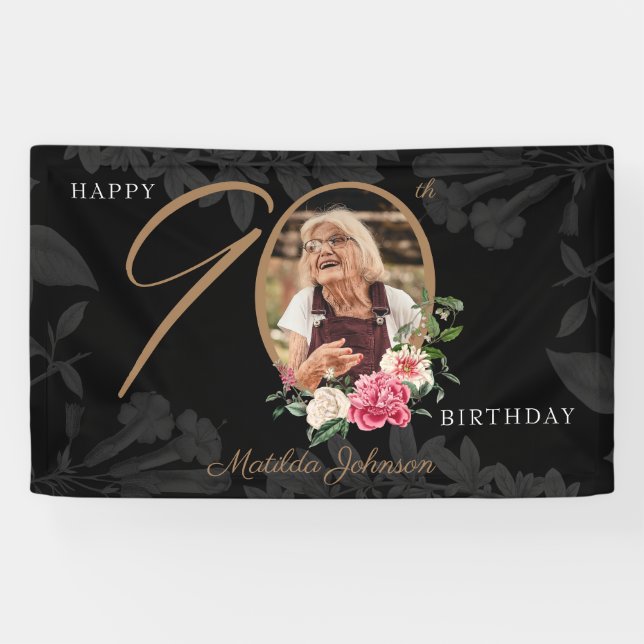 Banderoles Floral 90e anniversaire Black Gold Photo personnal (Horizontal)