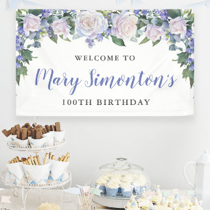 Banderoles Floral bleu rustique et blanc 100e anniversaire