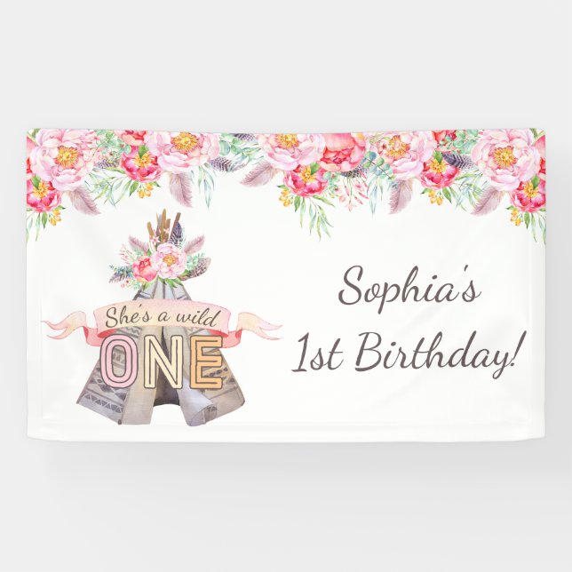Banderoles Floral Boho Tribal Teepee Wild Un 1er anniversaire (Horizontal)