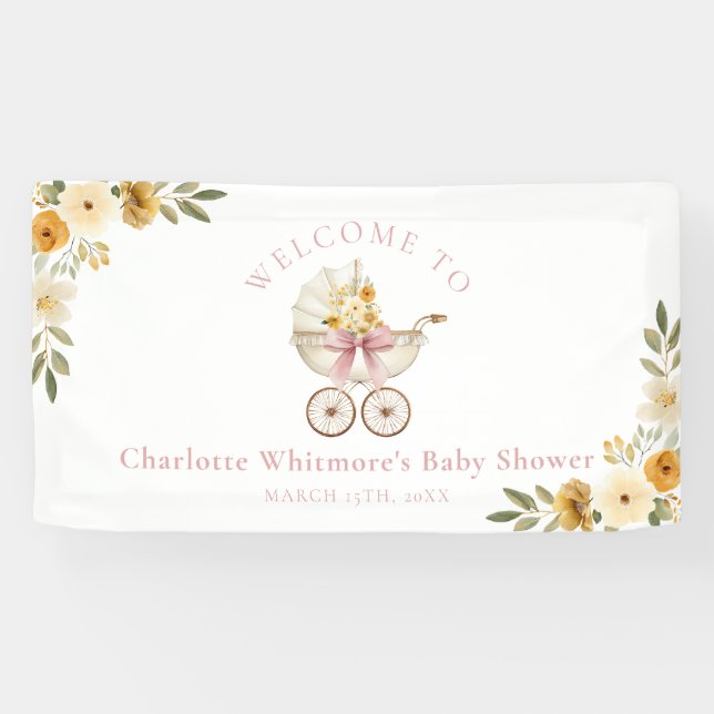 Banderoles Floral Carriage Baby Shower Welcome Banner | Blush (Horizontal)