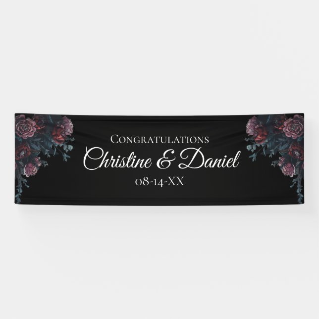 Banderoles Floral foncé Mariage gothique noir élégant (Horizontal)