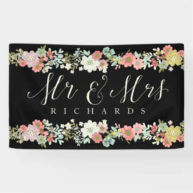 Banderoles Floral Garden Mr & Mrs Mariage Script Banner (Horizontal)