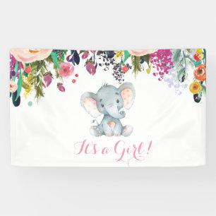 Banderoles Floral Girl Elephant Baby shower rose et gris