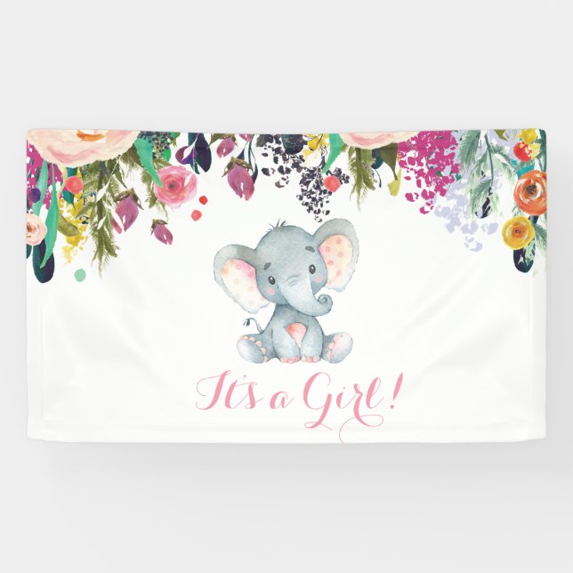 Banderoles Floral Girl Elephant Baby shower rose et gris (Horizontal)