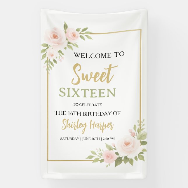 Banderoles Floral Gold Script Sweet Sixteen Birthday  (Verticale)