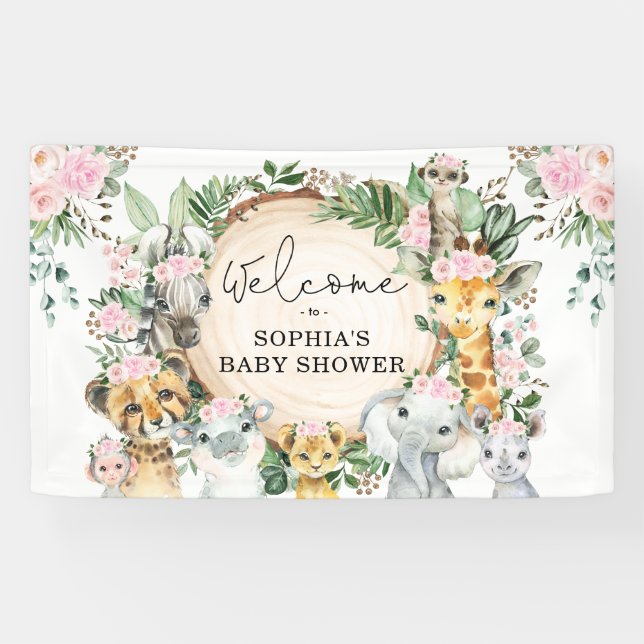 Banderoles Floral Jungle Safari Animaux Baby Girl Welcome (Horizontal)