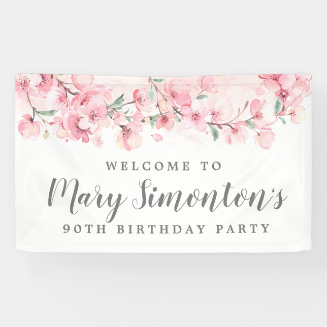 Banderoles Floral rose 90e anniversaire Bienvenue (Horizontal)