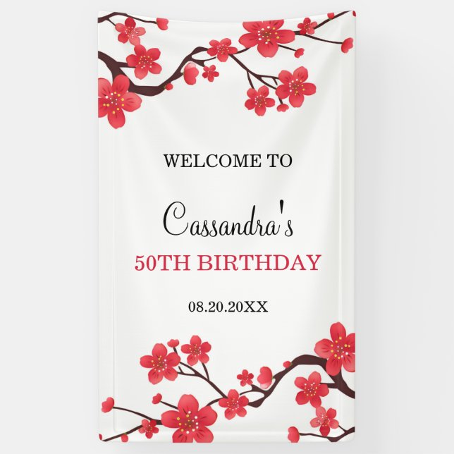 Banderoles Floral Rouge cerise Fleur Sakura Anniversaire Bien (Vertical)