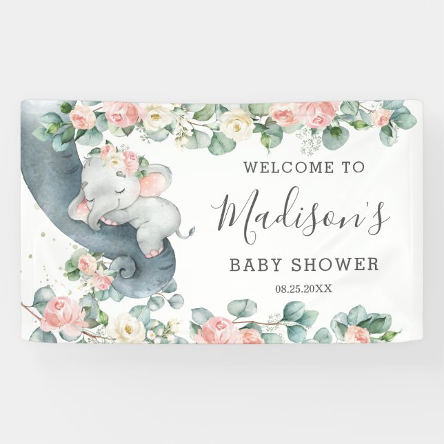 Banderoles Flore verdure Elephant Baby shower Fille Bienvenue (Horizontal)