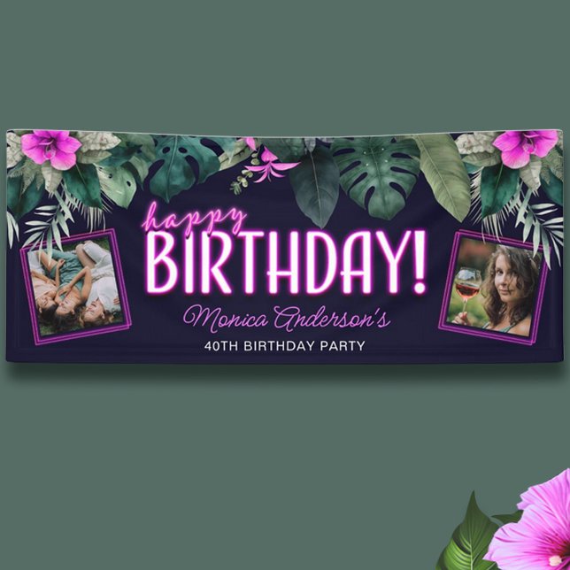 Banderoles Foliage Tropical Pink Neon Joyeux Anniversaire Pho (Tropical Foliage Pink Neon Happy Birthday Photo Banner)