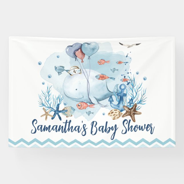 Banderoles Fond de bienvenue pour Baby Shower baleine nautiqu (Horizontal)