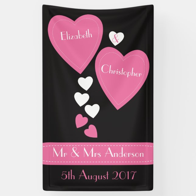 Banderoles Fond mariage / Photo Booth Coeurs noir et rose (Vertical)