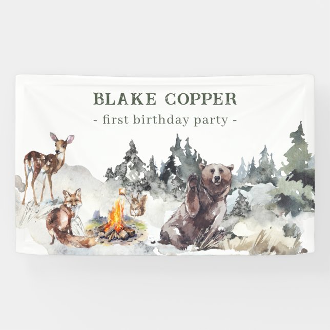 Banderoles Forêt enchantée Bois rustique Bois 1er anniversair (Horizontal)