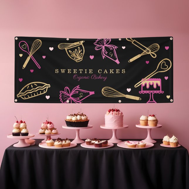 Banderoles Fun Colorful Baking & Cuisine Ustensile Noir & Or (Fun Colorful Baking & Cooking Utensil Black & Gold Banner)